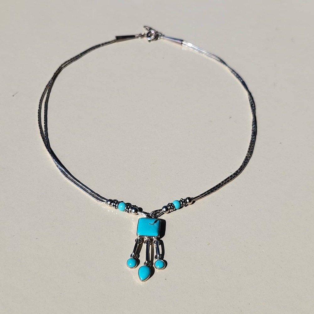 Vintage Q.T. 925 Sterling Silver Turquoise Liquid Silver Pendant Necklace